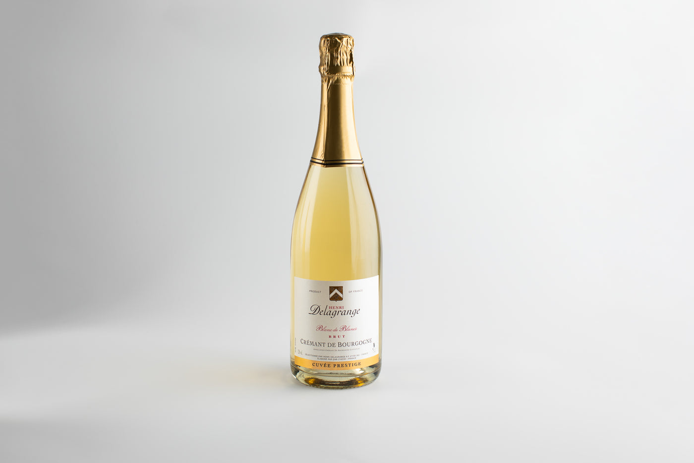 Bottle of white wine with a gold foil cap on a light gray background