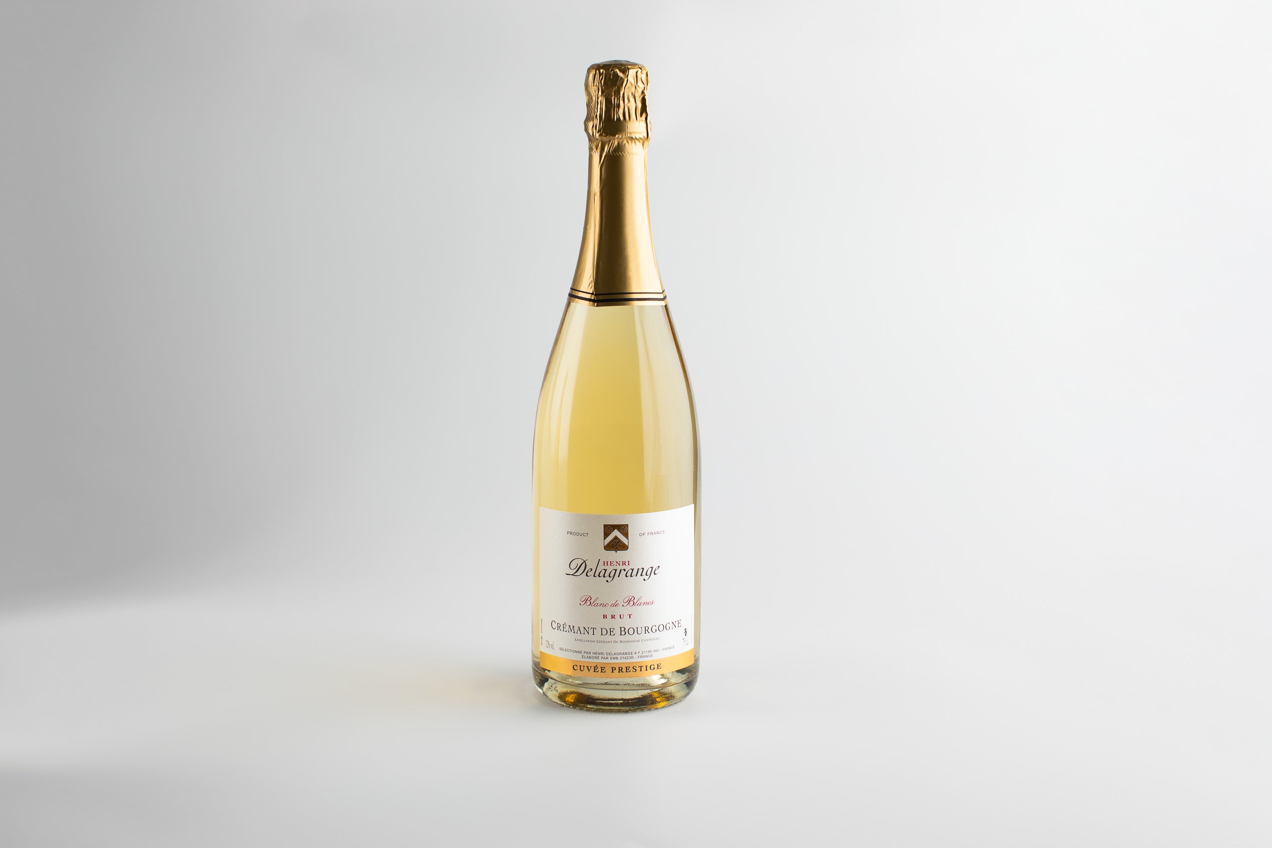 Bottle of white wine with a gold foil cap on a light gray background