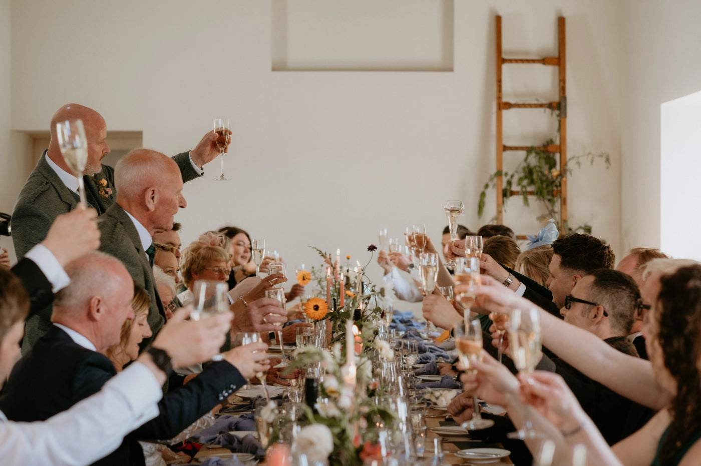 Group of people at a formal event, raising glasses in a toast.